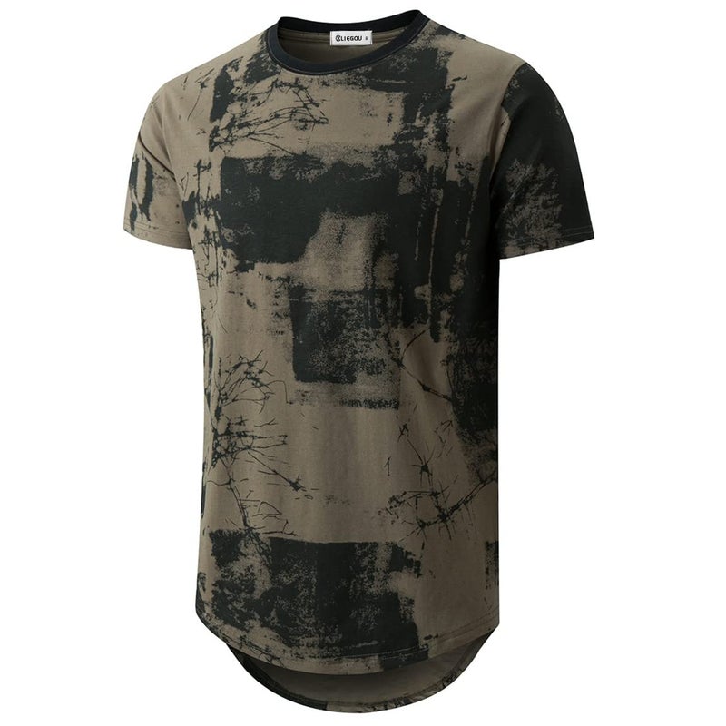 KLIEGOU Mens Hipster Hip Hop Ripped Round Hemline Pattern Print T Shirt 86 ArmyGreen M - Image 1